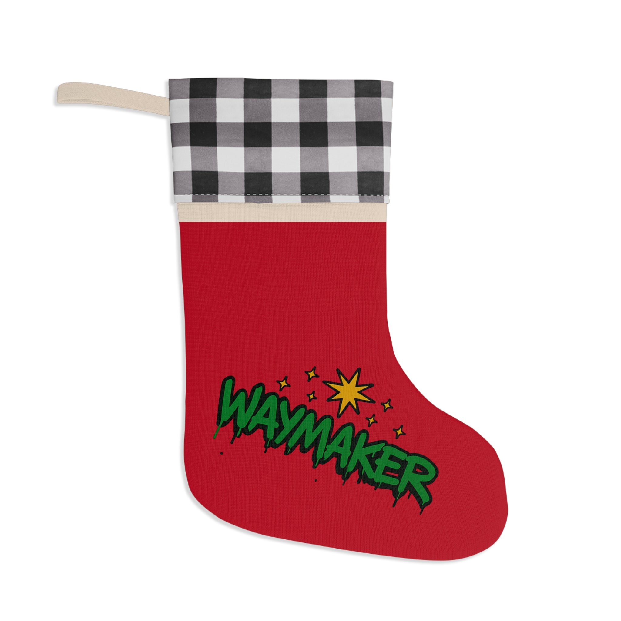 Waymaker Christmas Stocking – Red Plaid Holiday Stocking with 'Waymaker' Graphic
