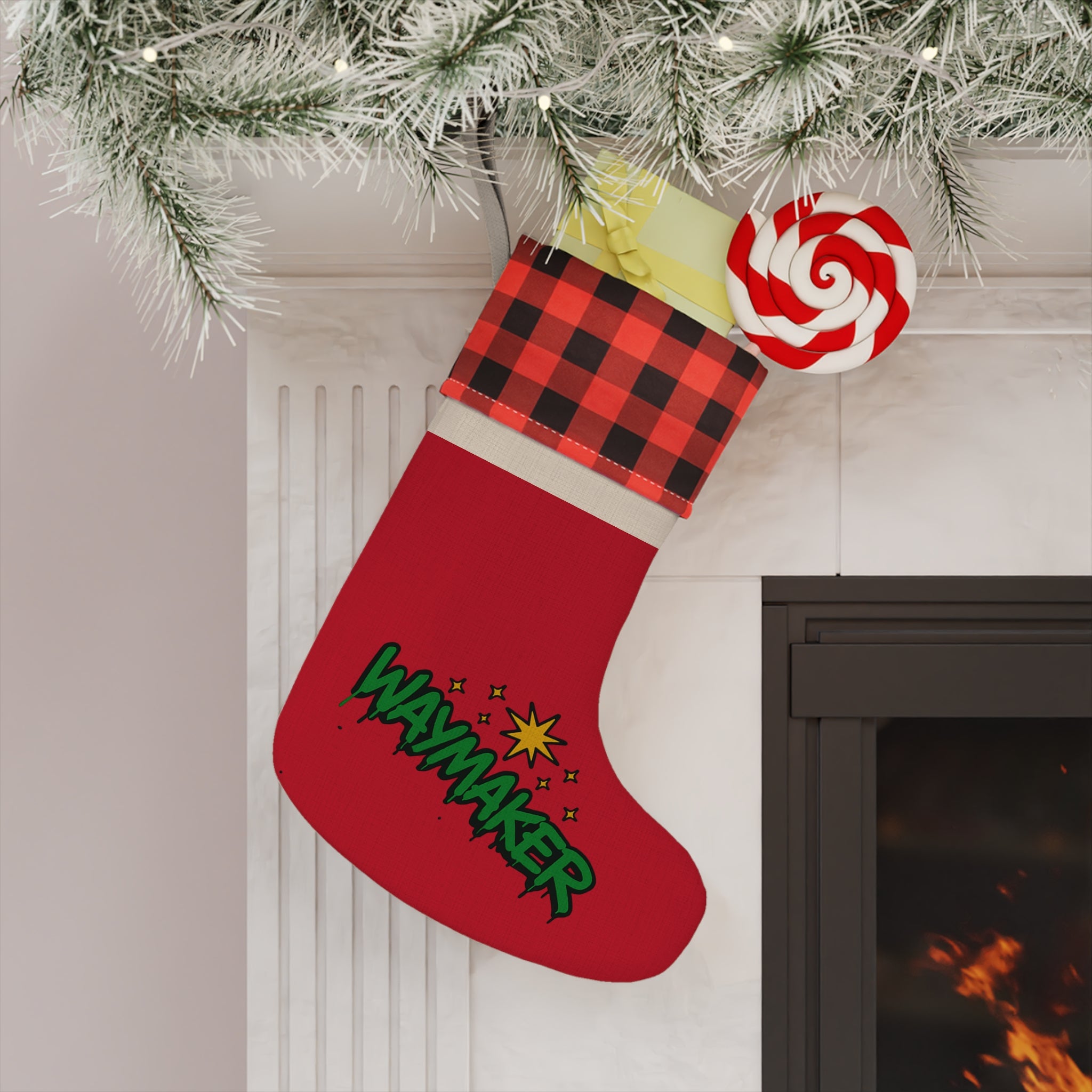 Waymaker Christmas Stocking – Red Plaid Holiday Stocking with 'Waymaker' Graphic
