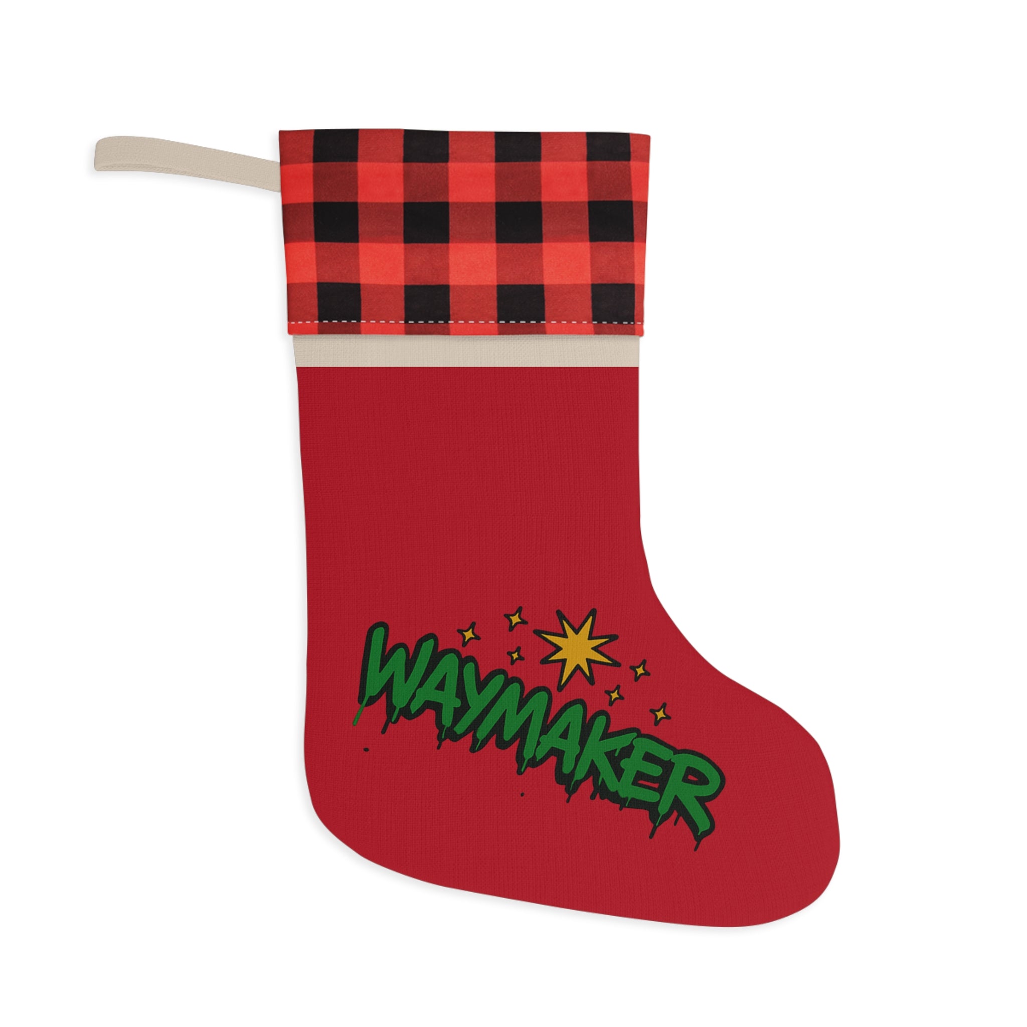 Waymaker Christmas Stocking – Red Plaid Holiday Stocking with 'Waymaker' Graphic
