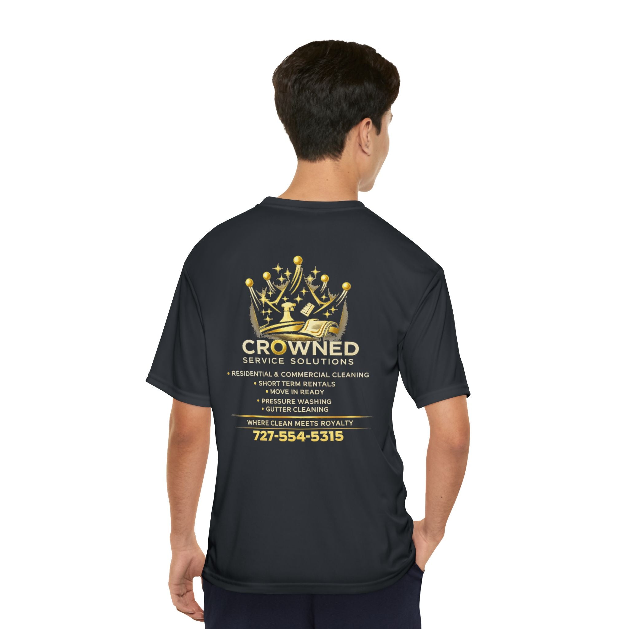 Crowned Service Solutions Performance T‑Shirt — Branded Work Tee with Logo & Contact
