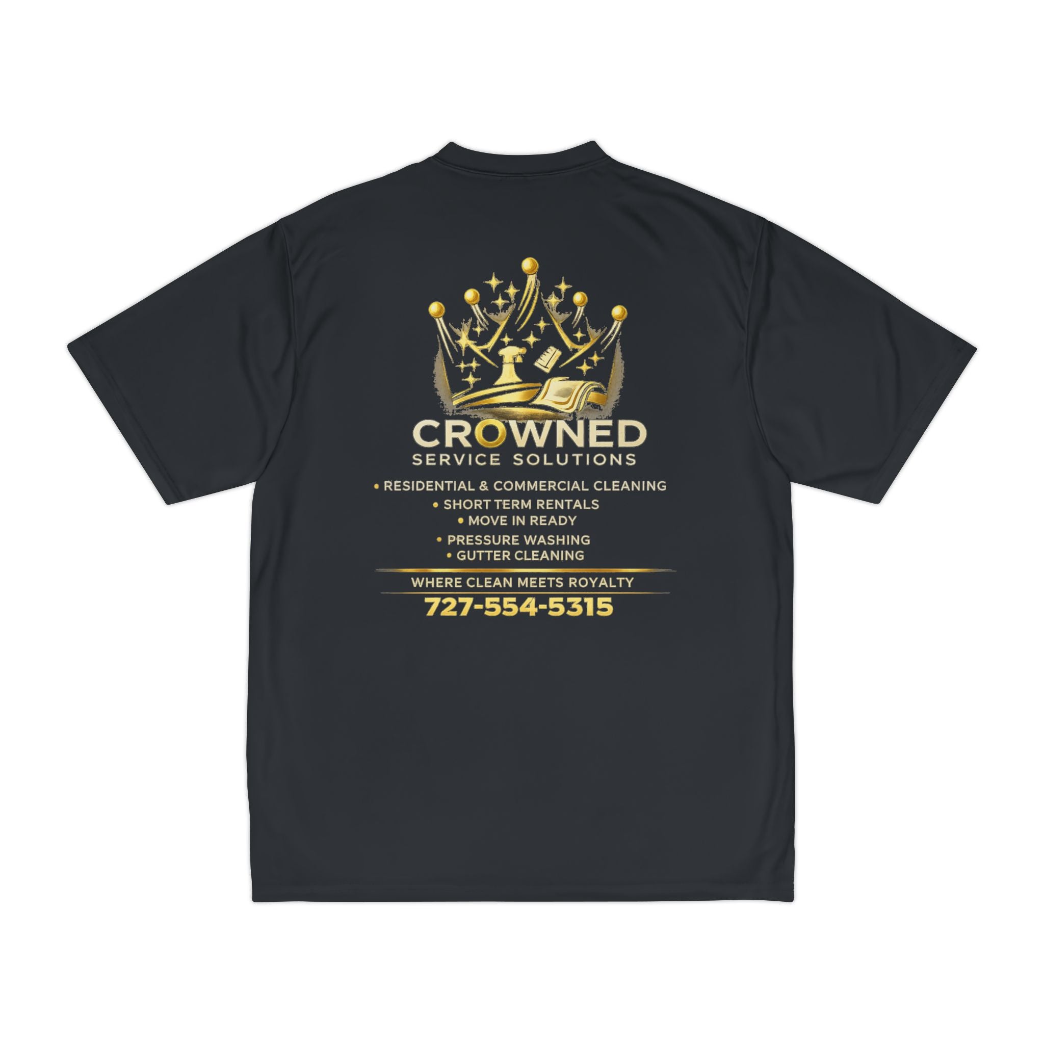 Crowned Service Solutions Performance T‑Shirt — Branded Work Tee with Logo & Contact